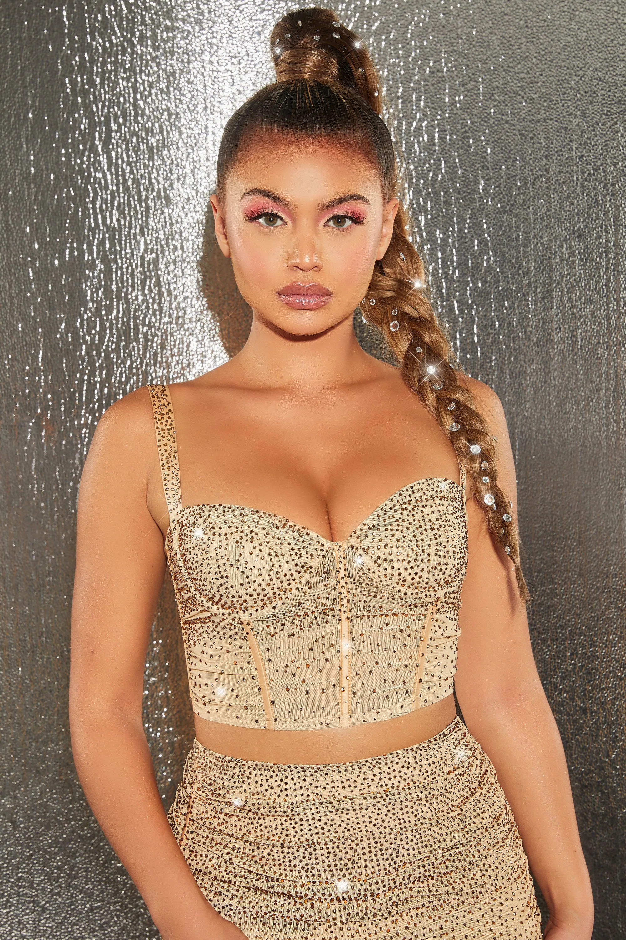 After Party Underwired Embellished Bustier Crop Top in Gold