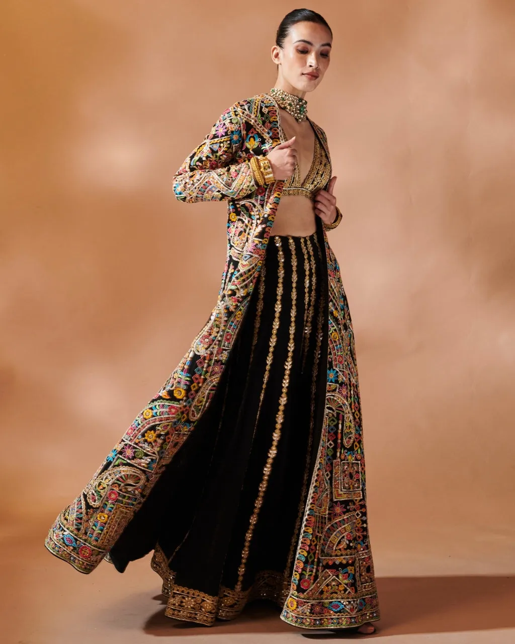 Black Long Embroidered Jacket With A Bustier And Sharara