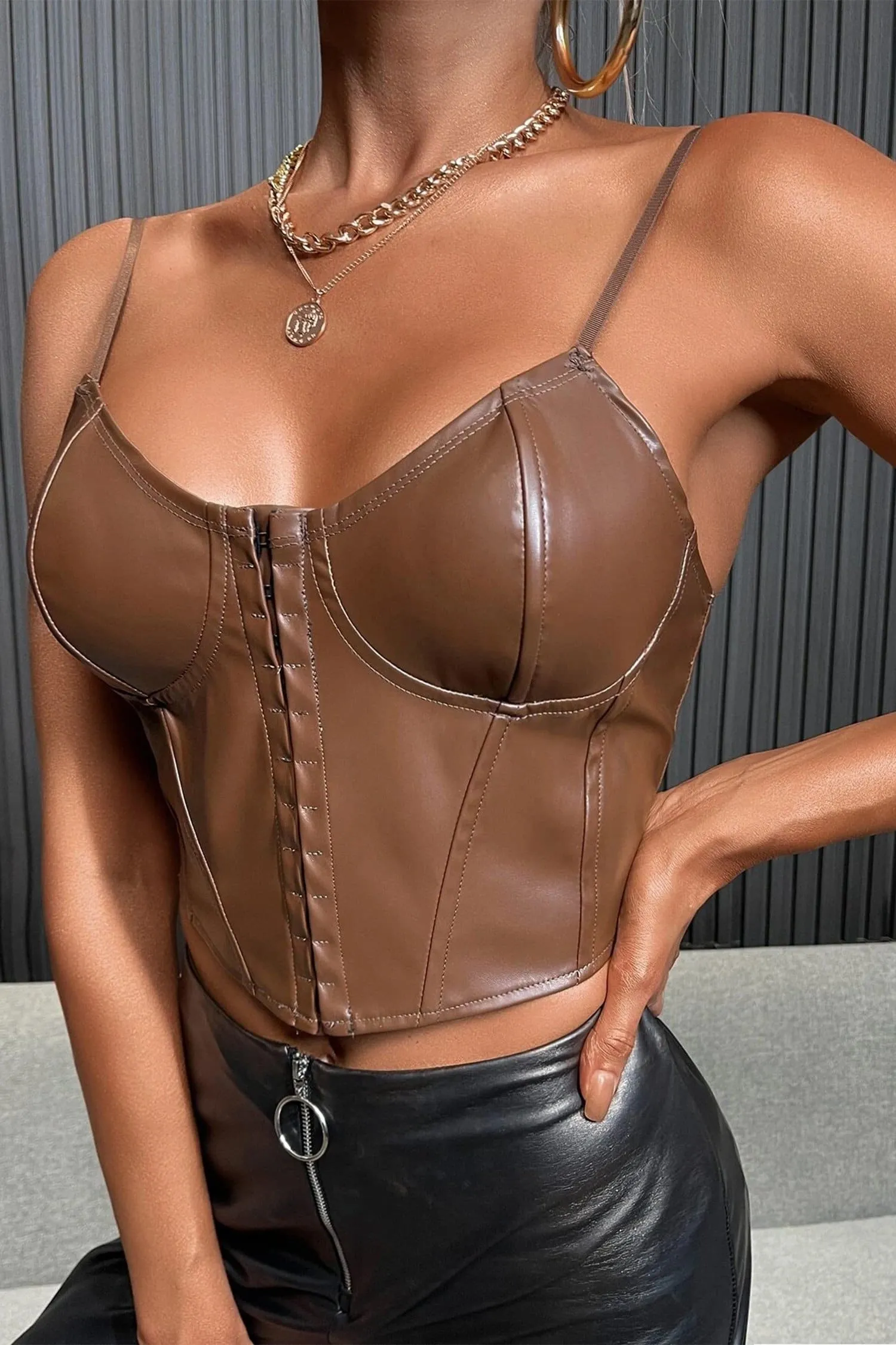 Brown Faux Leather Busk Bustier Top