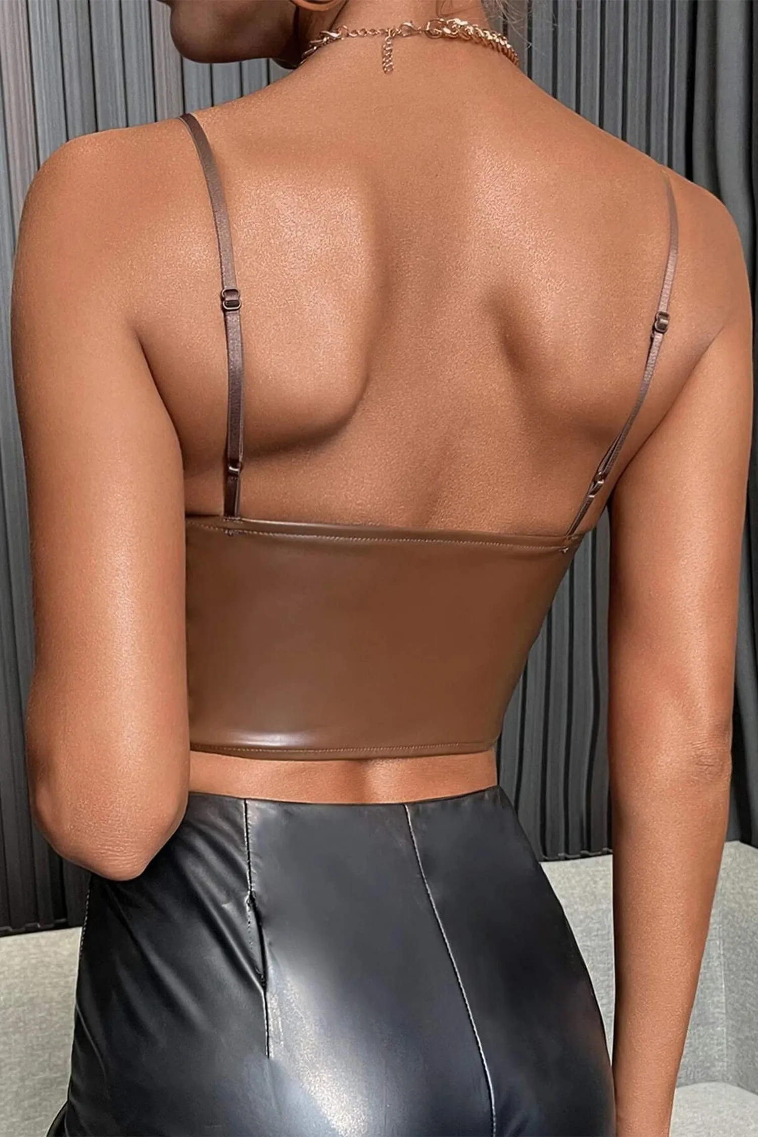 Brown Faux Leather Busk Bustier Top