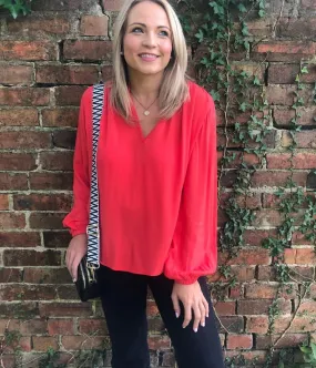 Coral Collarless Popover Blouse