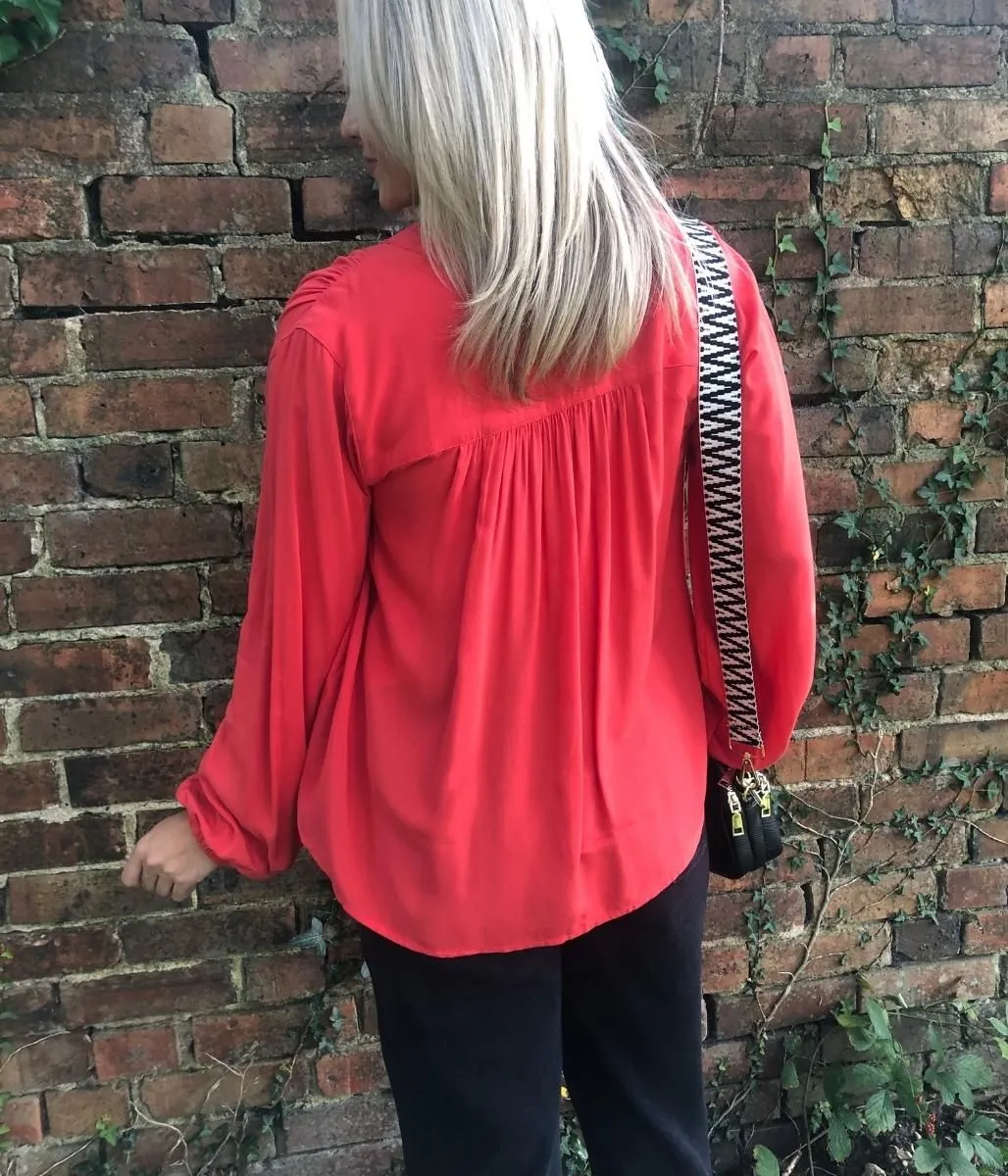 Coral Collarless Popover Blouse