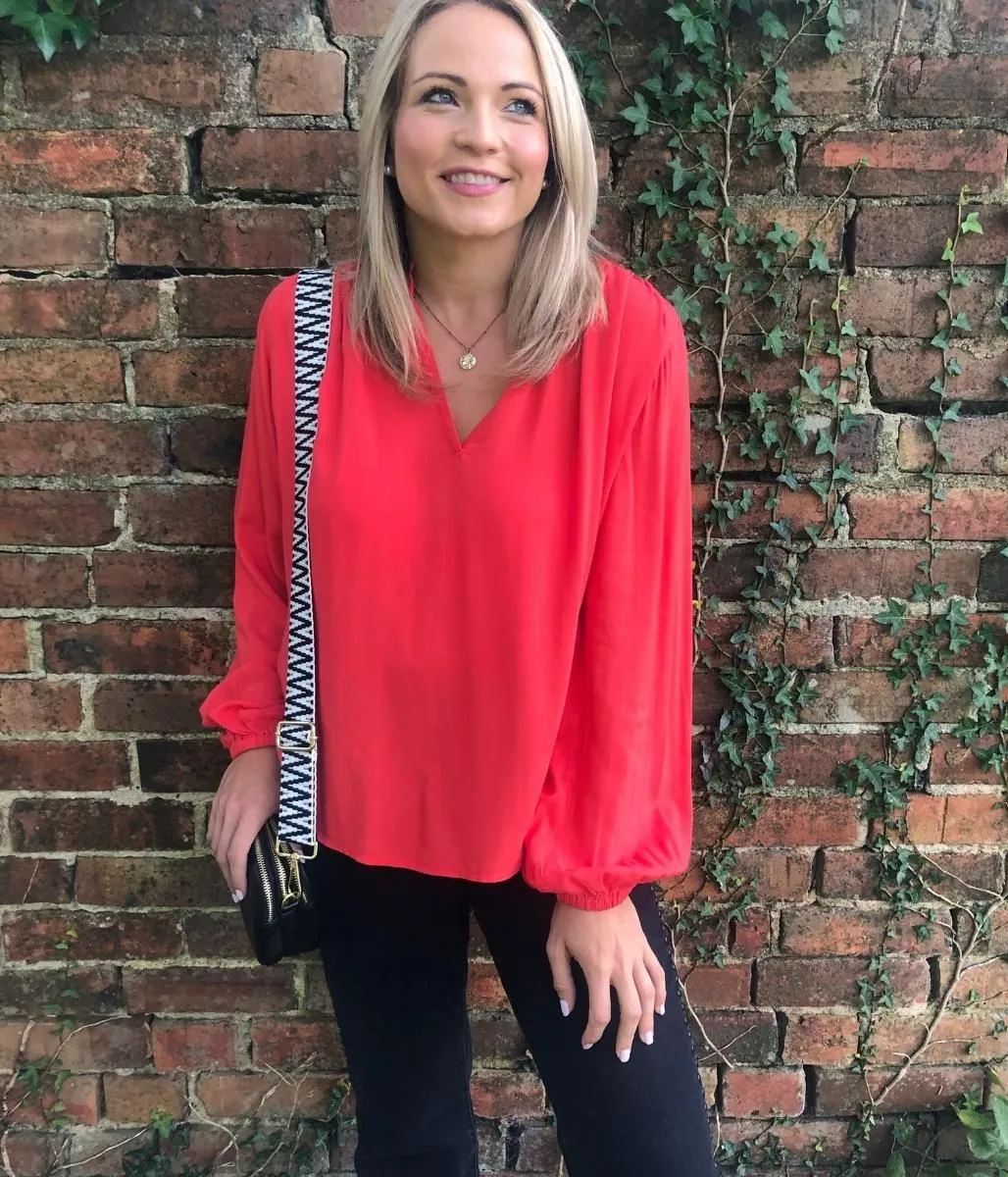 Coral Collarless Popover Blouse