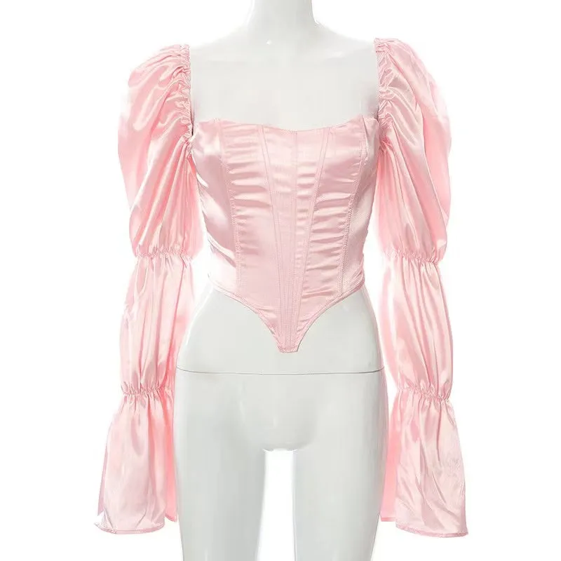 CORSET 'BEAUTY' PINK - Corset top roz cu aspect satinat si maneci bufante