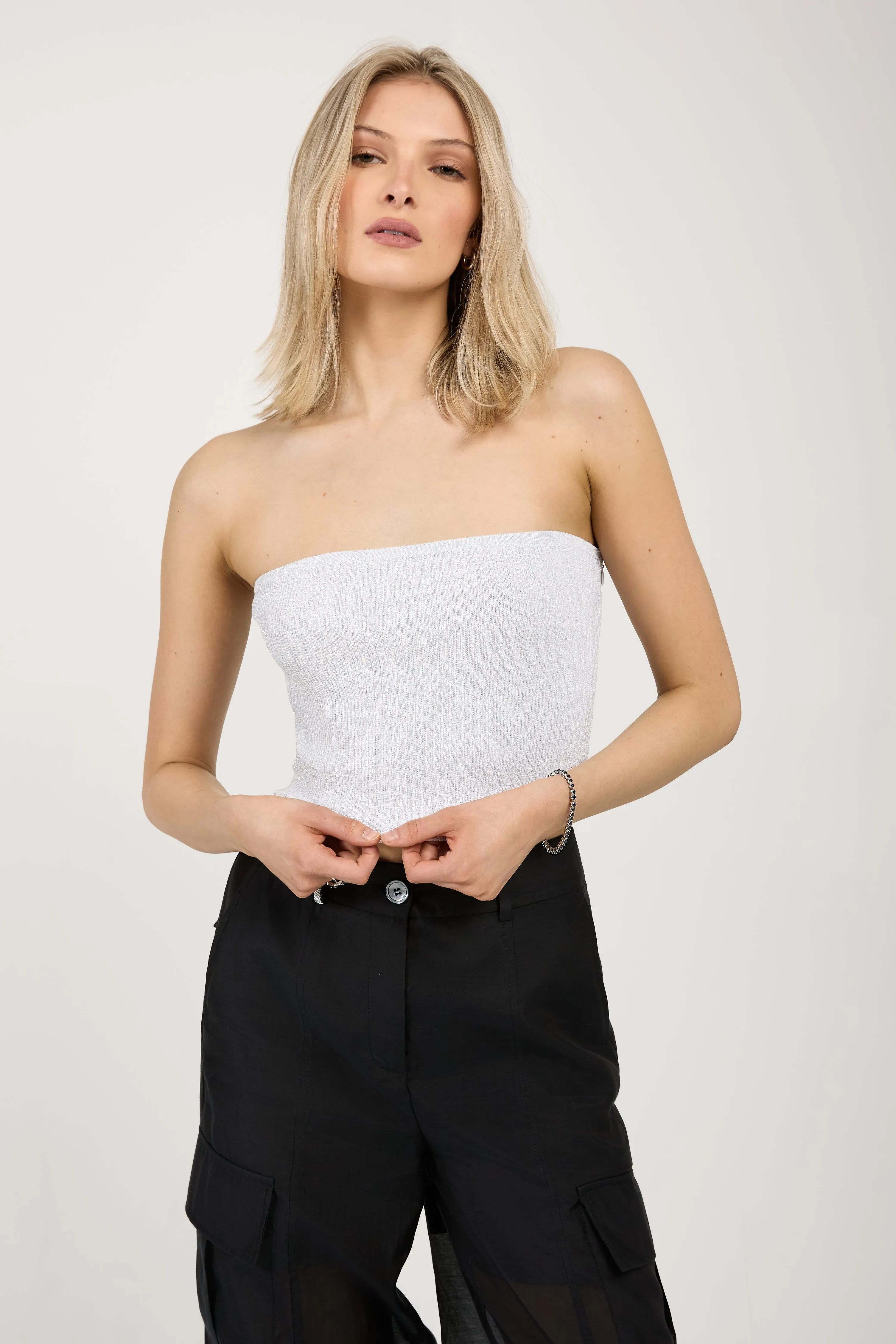 Cotton Knit Bustier Top in White with Silver Lurex