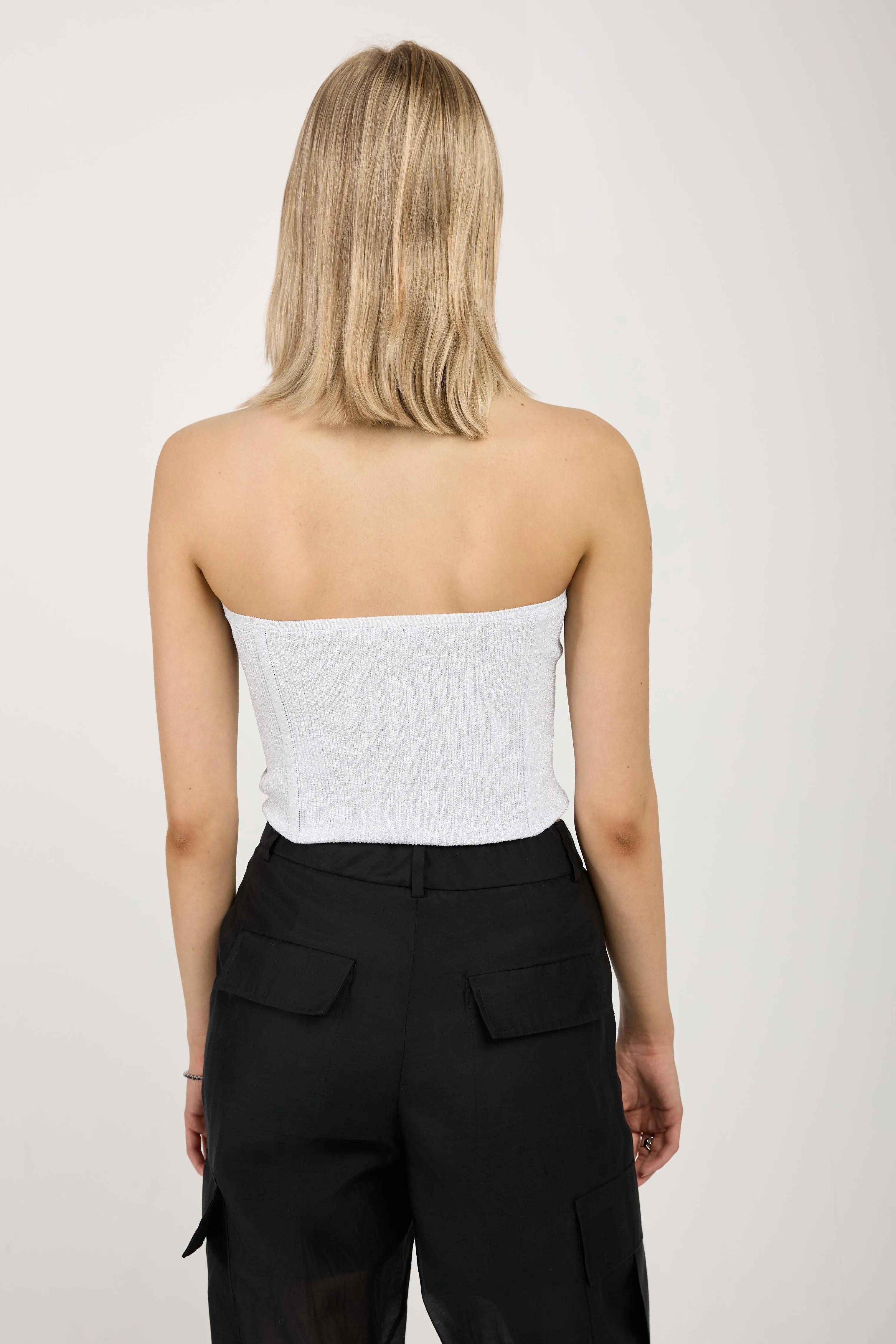 Cotton Knit Bustier Top in White with Silver Lurex