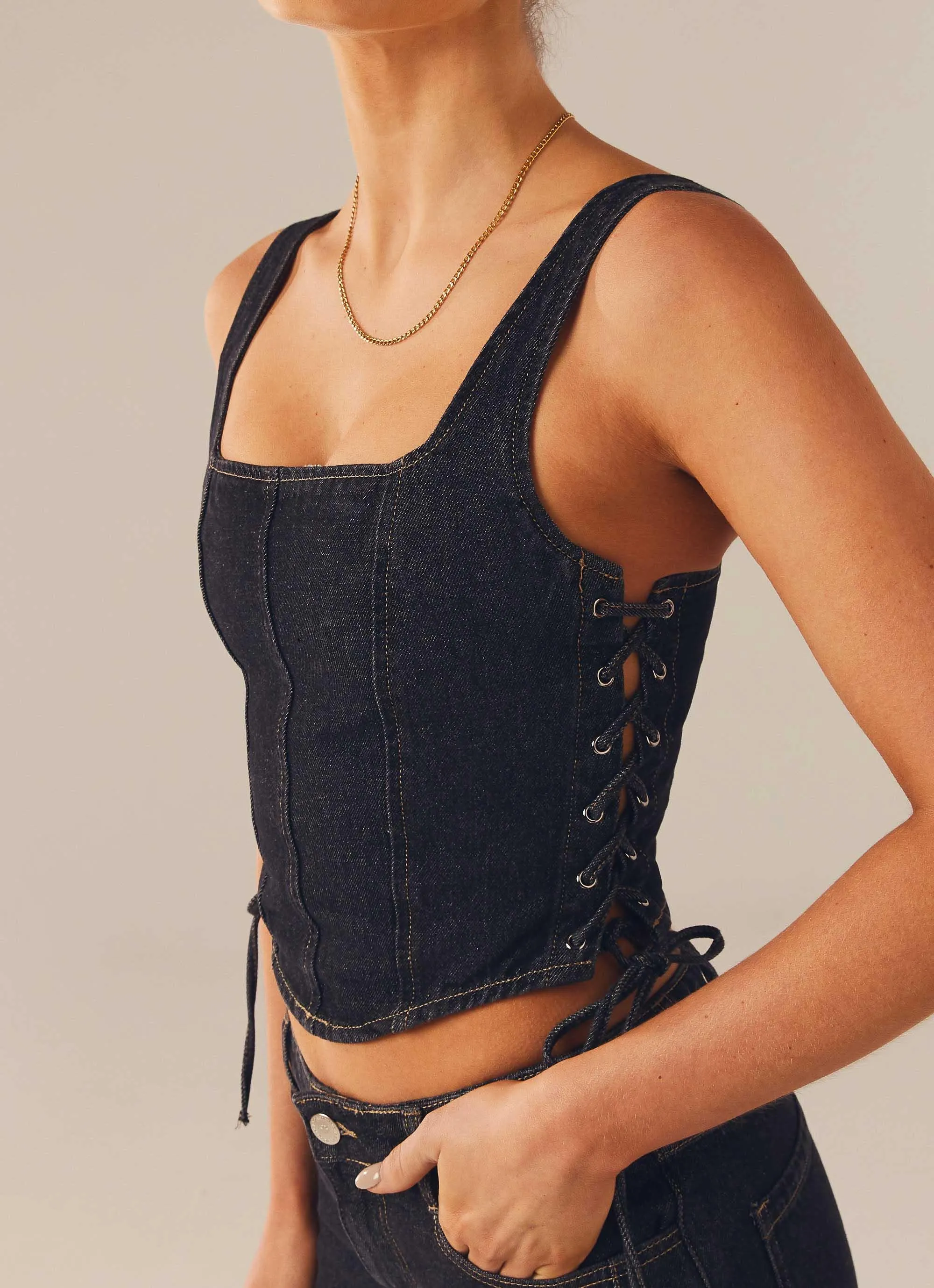 Giddy Up Denim Bustier Top - Black Wash