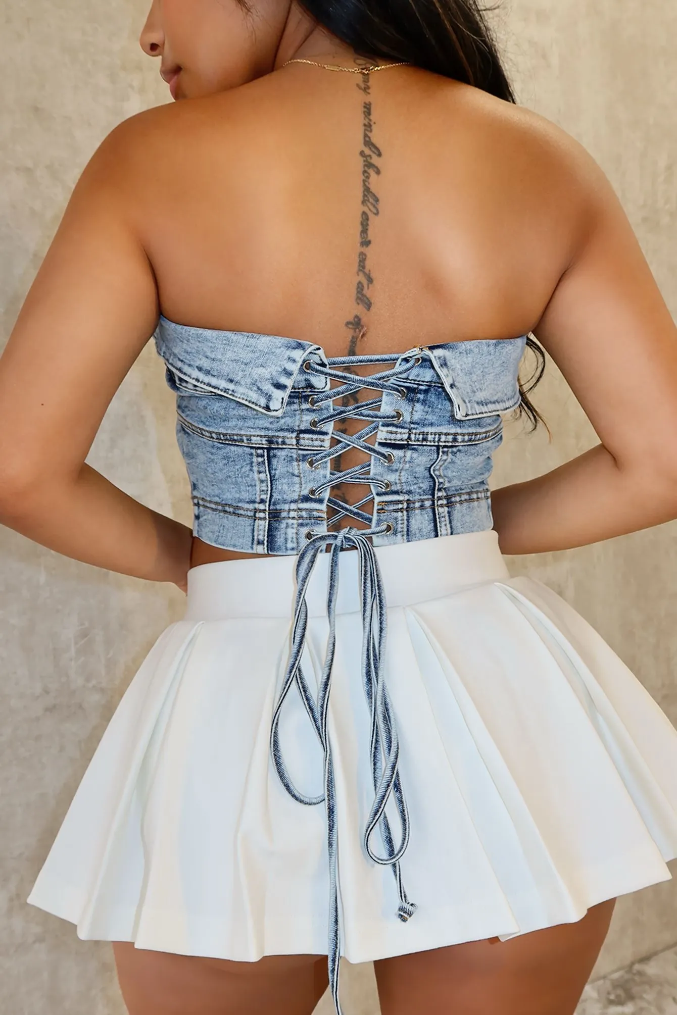 Hold On Back Denim Bustier Top