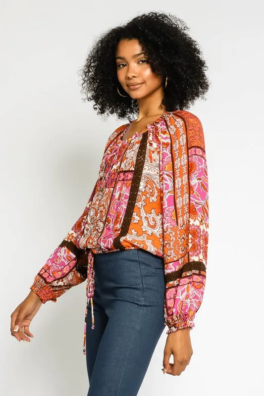 Patchwork Drawstring Blouse