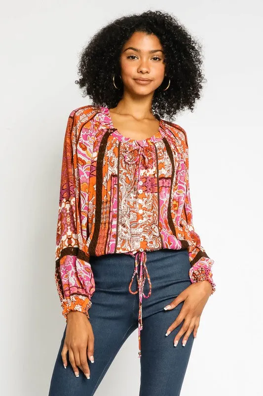 Patchwork Drawstring Blouse