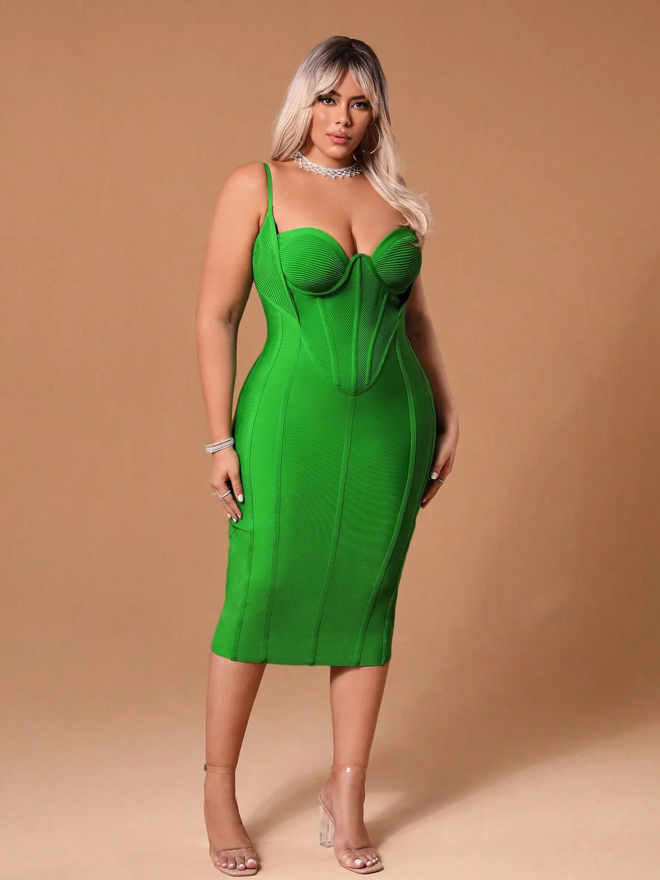 Plus Solid Bustier Cami Zip Back Bandage Dress