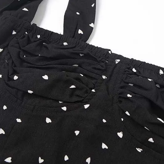 Retro Heart Dots Prints Tie Up Shoulder Ruched Bustier Shirt Sleeveless