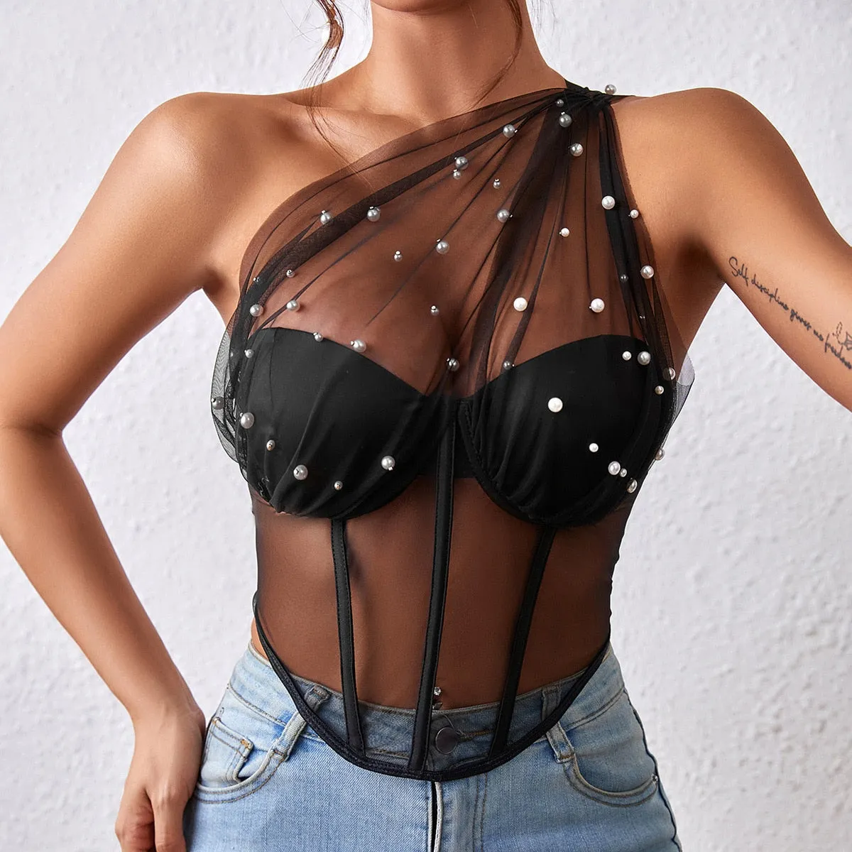 Transparentes Korsett-Bustier-Oberteil von Pearl Enchantment