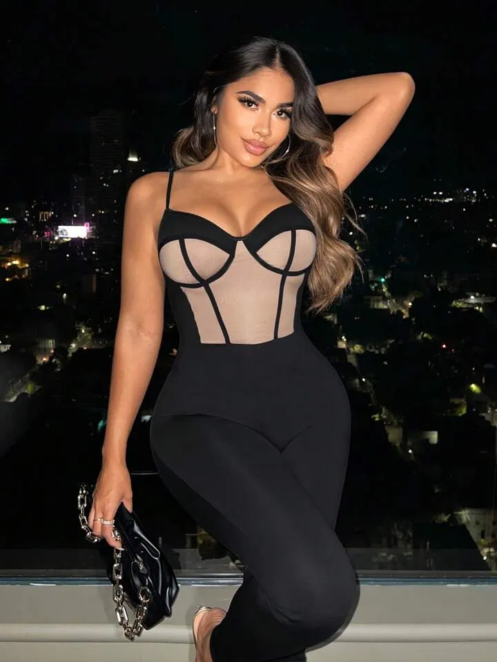 Two Tone Contrast Mesh Bustier Cami Unitard Jumpsuit