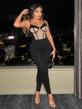 Two Tone Contrast Mesh Bustier Cami Unitard Jumpsuit