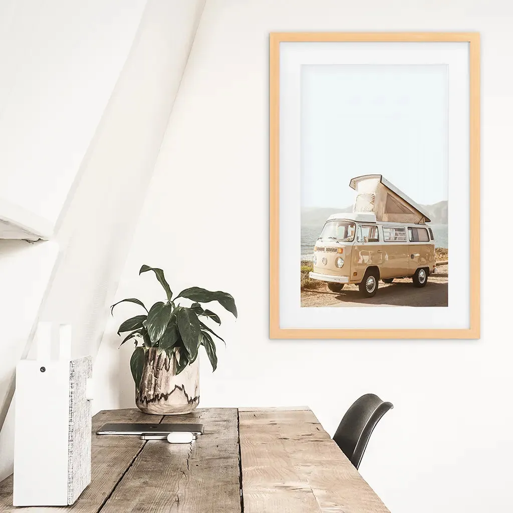 Yellow Vintage Hipster Van Wall Art. Summer Travel