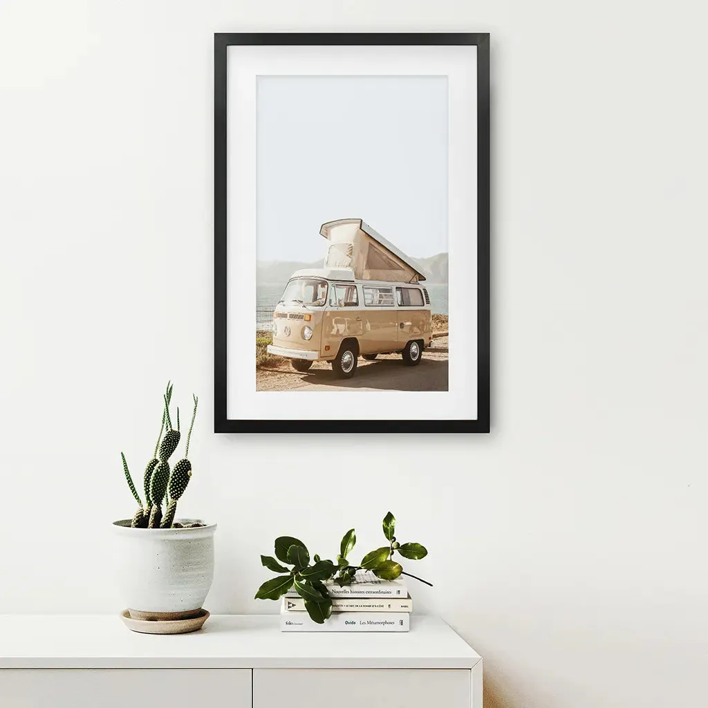 Yellow Vintage Hipster Van Wall Art. Summer Travel