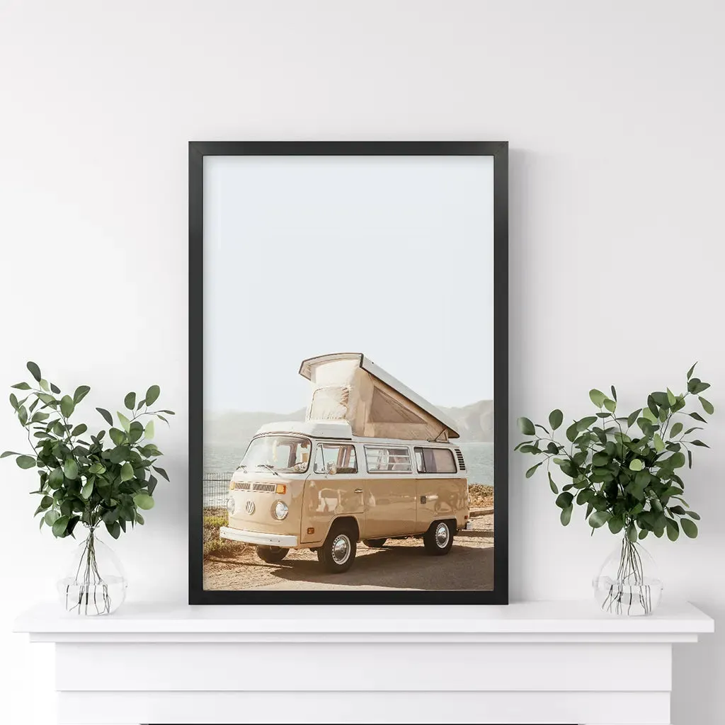 Yellow Vintage Hipster Van Wall Art. Summer Travel