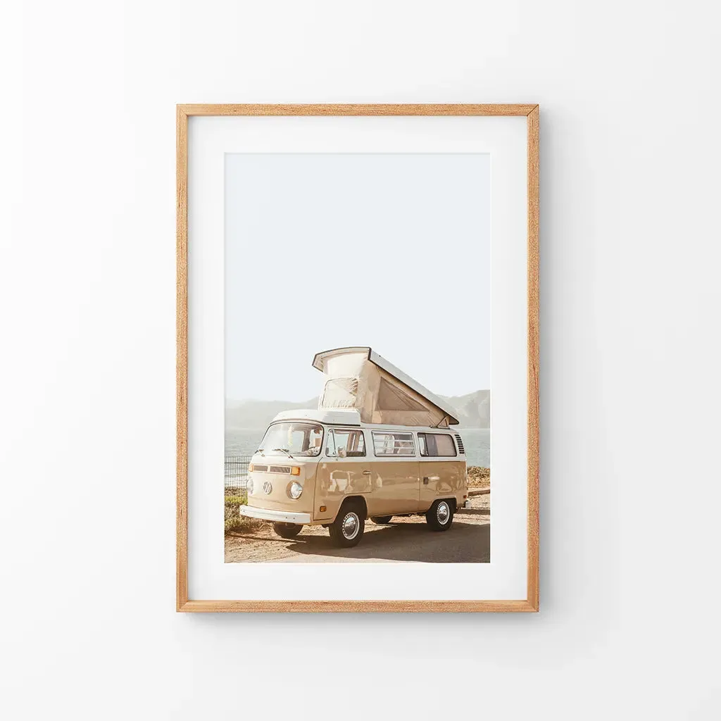 Yellow Vintage Hipster Van Wall Art. Summer Travel