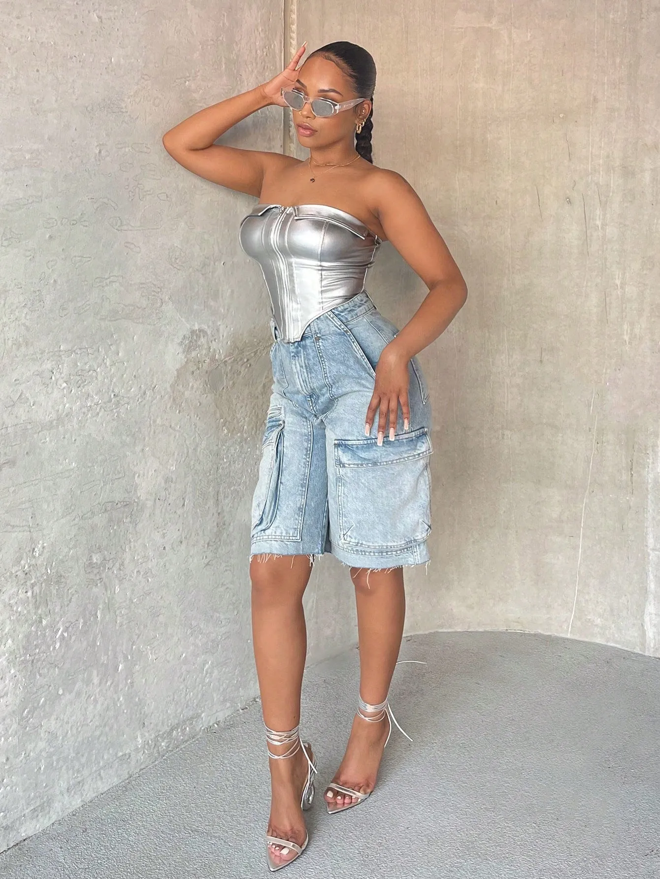 Zip Front Metallic Corset Tube Top